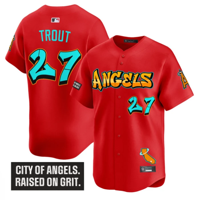Mike Trout Jersey #27 Los Angeles Angels Graffiti Halo Drop Edition Red by My Store