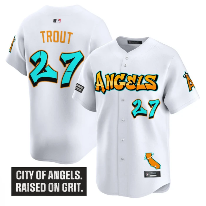 Mike Trout Jersey #27 Los Angeles Angels Graffiti Halo Drop Edition White by My Store