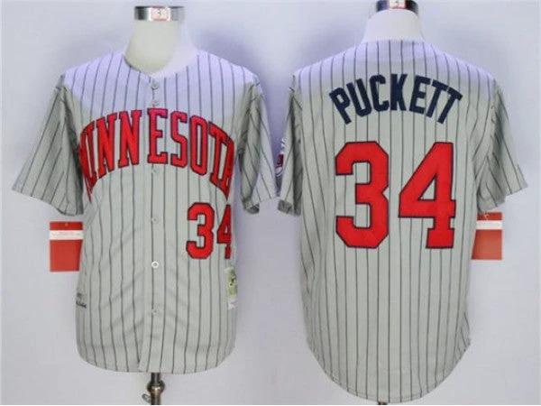 Minnesota Twins #34 Kirby Puckett Gray 1987 Throwback Pinstripe Jersey by My Store