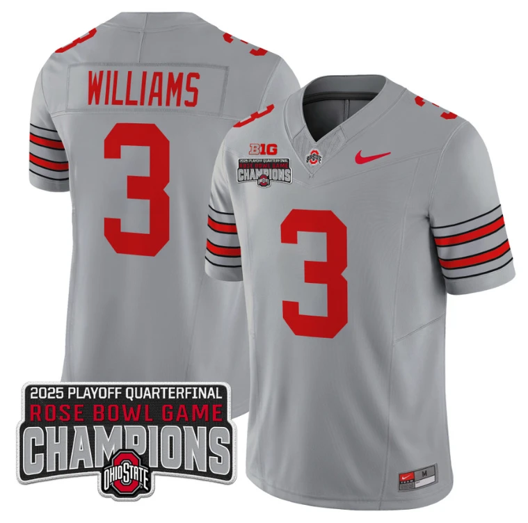 Miyan Williams Jersey #3 Ohio State 2025 Rose Bowl Champions Patch Gray by NCAA Football Jersey