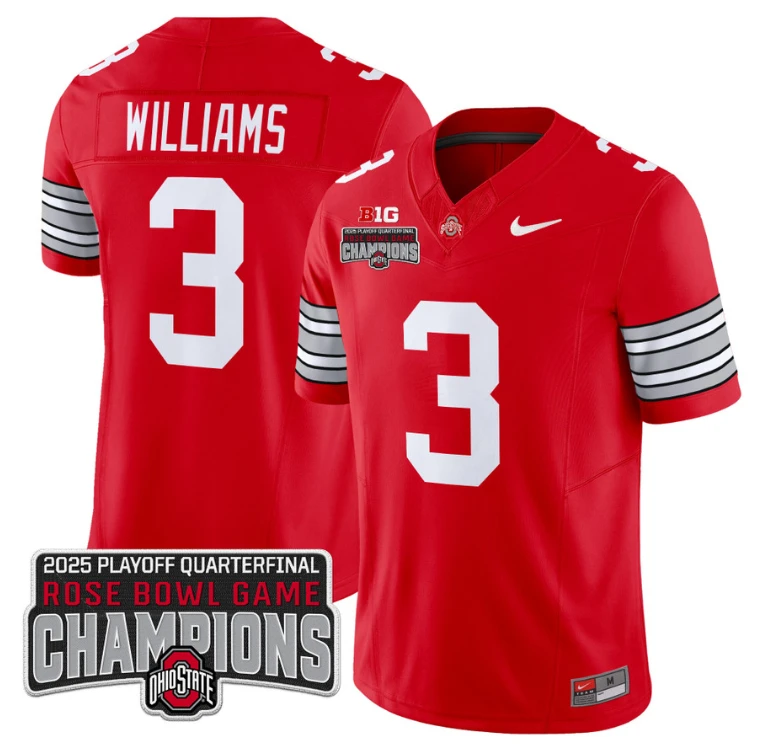 Miyan Williams Jersey #3 Ohio State 2025 Rose Bowl Champions Patch Red by NCAA Football Jersey