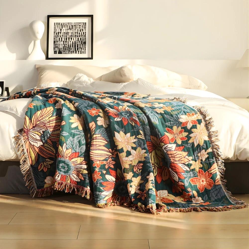Modish Floral Cotton Tassel Throw Blanket by Casa & Beyond