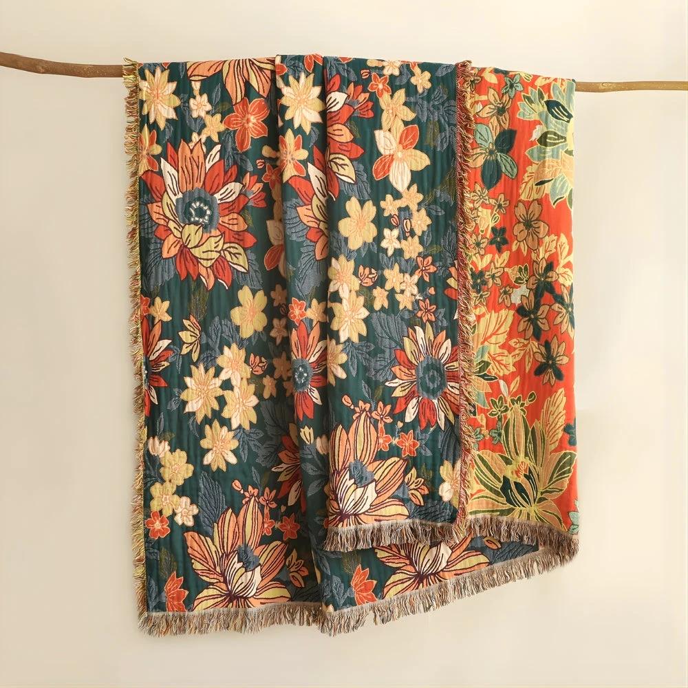 Modish Floral Cotton Tassel Throw Blanket by Casa & Beyond