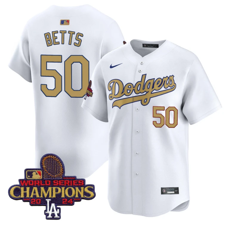Mookie Betts Jersey #50 Dodgers 2025 Gold Vapor Premier Stitched White by My Store