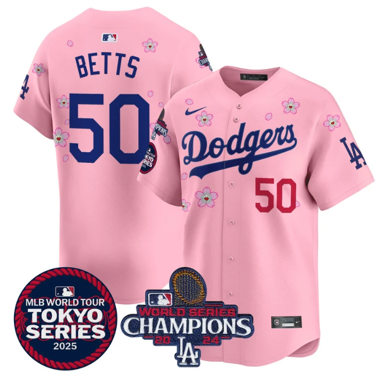 Mookie Betts Jersey #50 Dodgers Tokyo Series 2025 World Series Champions Patch Cherry Blossom by My Store