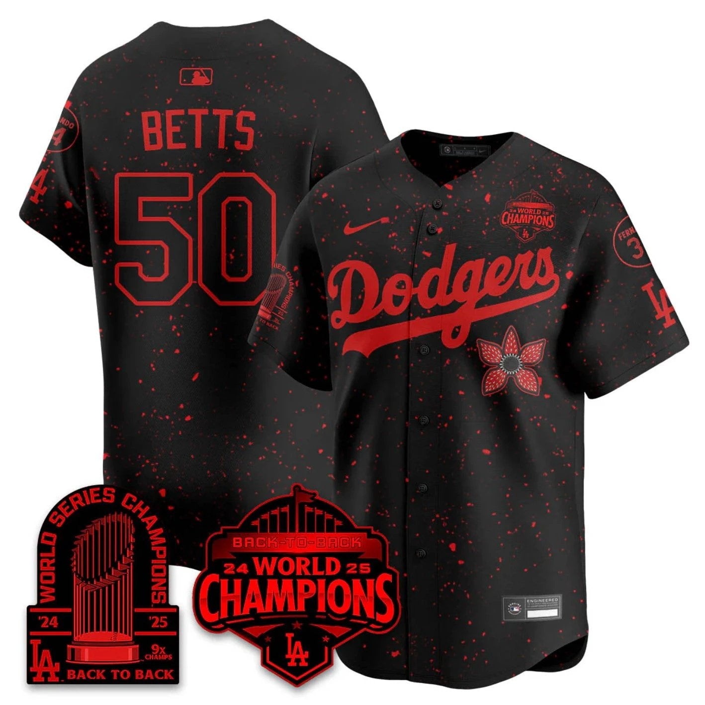 Mookie Betts Jersey #50 Dodgers 2025 Champions Stranger Things 9x Champs Stitched by My Store