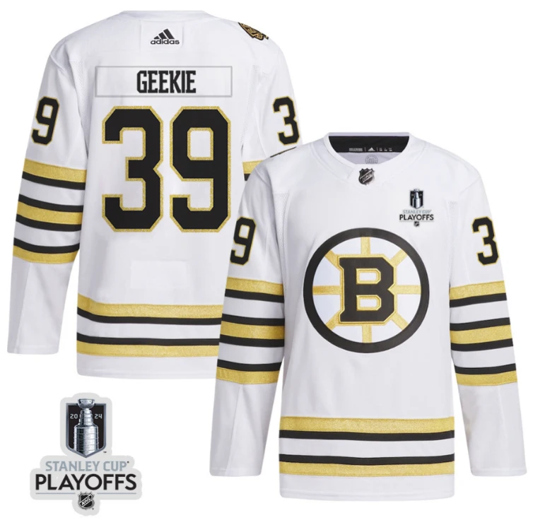 Morgan Geekie 39 Boston Bruins 2024 NHL Playoffs Patch Away Jersey - Men, White by Hockey David
