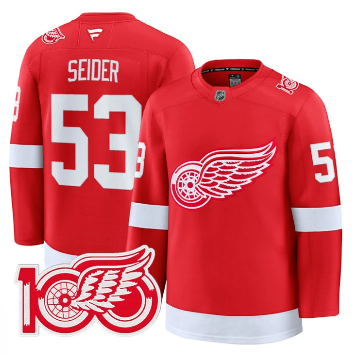 Moritz Seider Jersey #53 Detroit Red Wings 100th Anniversary Stitched Red by Hockey David