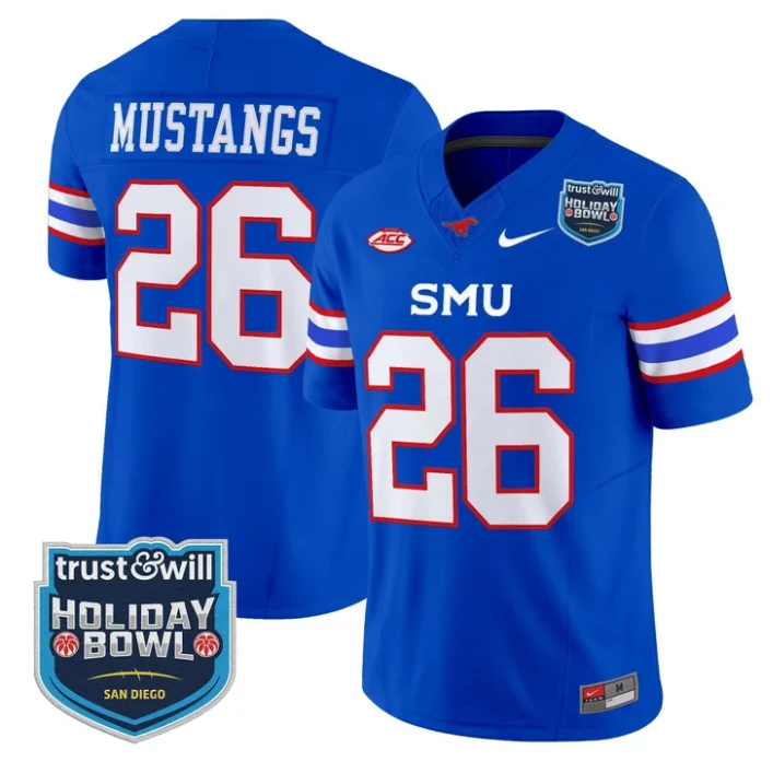 Mustangs Jersey #26 SMU Mustangs 2026 Holiday Bowl Patch Stitched BLue by My Store NCAA Football Jerseys