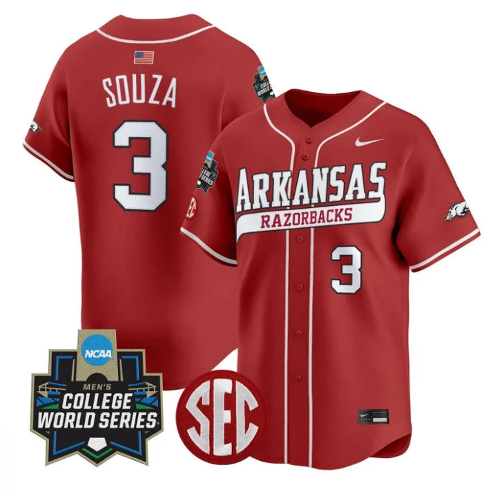 Nolan Souza Jersey #3 Arkansas Razorbacks 2025 World Series Stitched Cardinal by My Store
