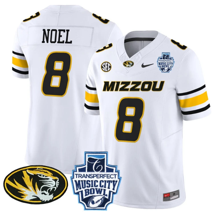 Nate Noel Jersey #8 Missouri Tigers 2024 Music City Bowl White by NCAA Football Jersey