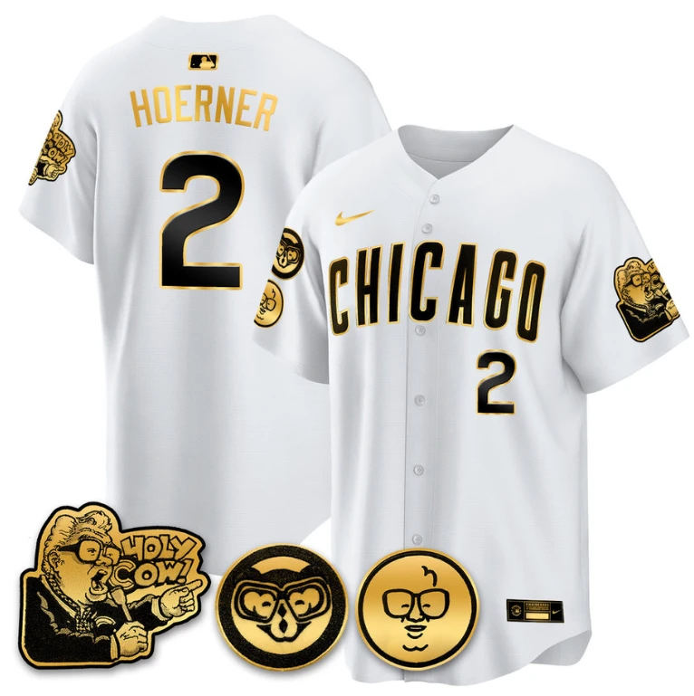 Nico Hoerner Jersey #2 Chicago Cubs Harry Caray Holy Cow Patch Premier Limited Stitched White Gold by My Store