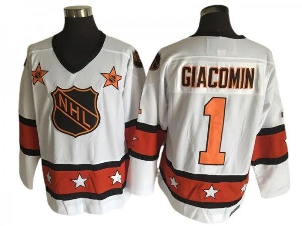 NHL 1973 All Star Game #1 Eddie Giacomin Vintage CCM Jersey - White by Hockey David