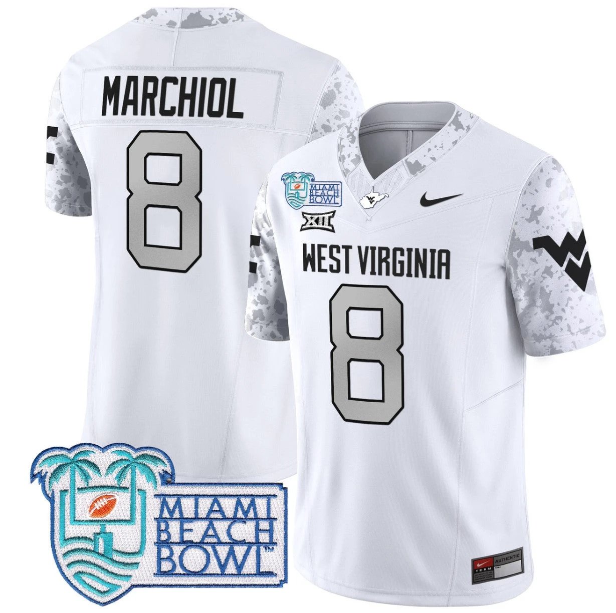 Nicco Marchiol Jersey #8 West Virginia Mountaineers 2025 Miami Beach Bowl White by My Store