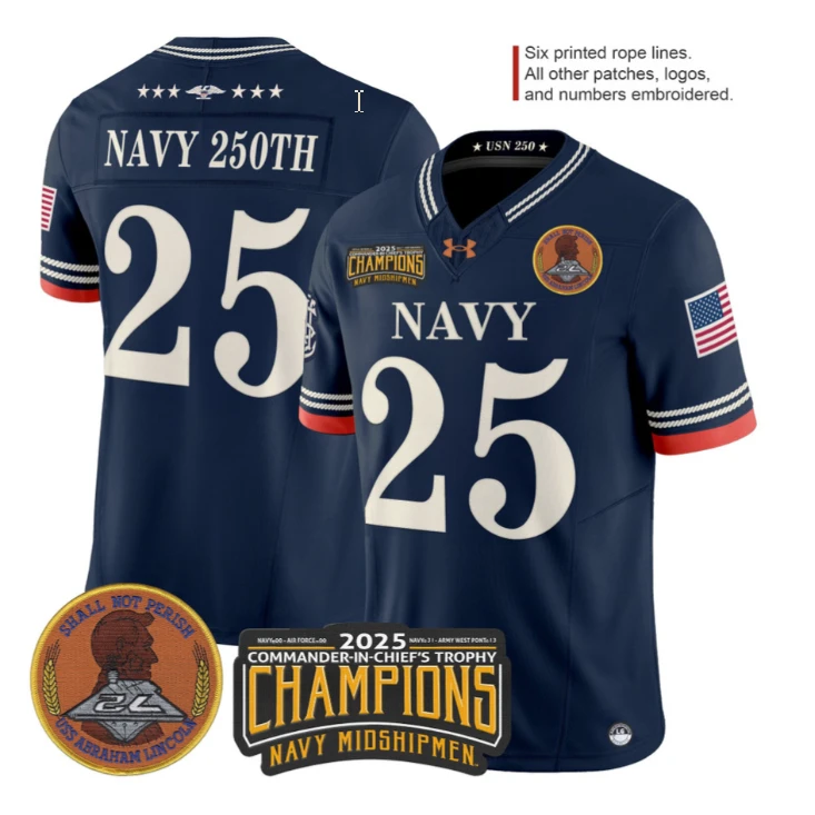 Navy 250th Jersey #25 Navy Midshipmen 2025 Trophy Champions Patch Stitched Navy by My Store NCAA Football Jerseys