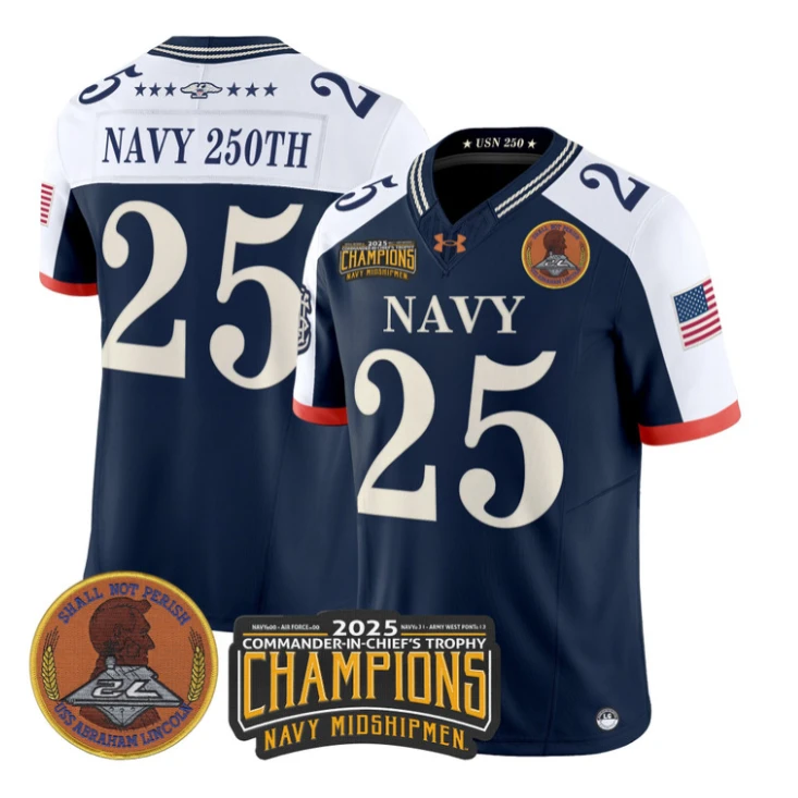 Navy 250th Jersey #25 Navy Midshipmen 2025 Trophy Champions Patch Stitched Navy Alternate by My Store NCAA Football Jerseys