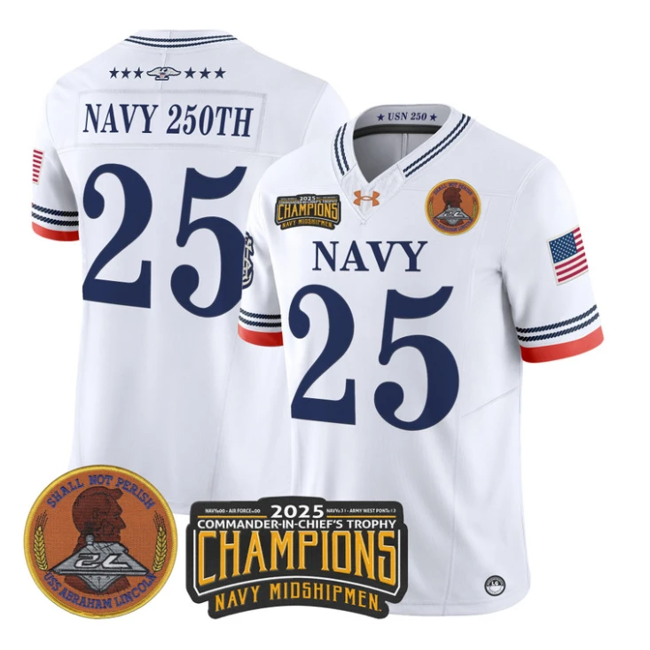 Navy 250th Jersey #25 Navy Midshipmen 2025 Trophy Champions Patch Stitched White by My Store NCAA Football Jerseys
