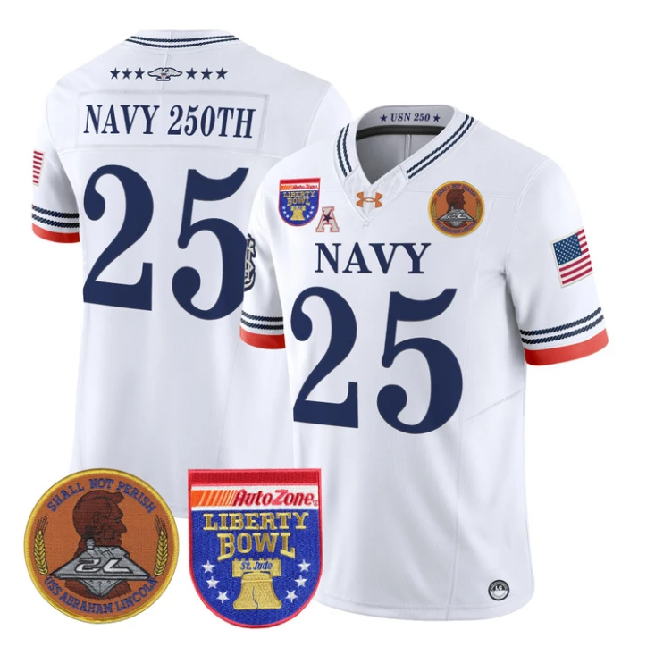 Navy 250th Jersey #25 Navy Midshipmen 250th 2026 Liberty Bowl Stitched White by My Store NCAA Football Jerseys