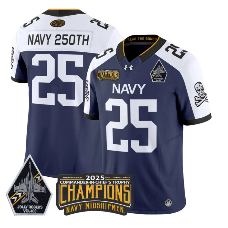 Navy 250th Jersey #25 Navy Midshipmen Jolly Rogers 2025 Trophy Stitched Navy Alternate by My Store NCAA Football Jerseys