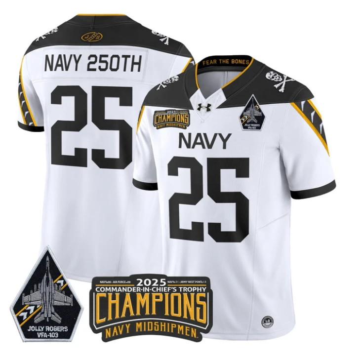 Navy 250th Jersey #25 Navy Midshipmen Jolly Rogers 2025 Trophy Stitched White by My Store NCAA Football Jerseys