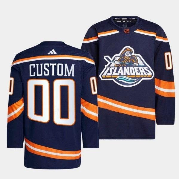 New York Islanders Custom 2022 Navy Reverse Retro 2.0 Stitched Jersey by Hockey David