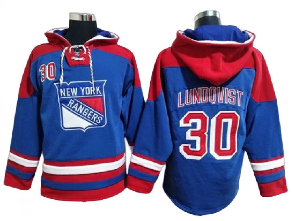 New York Rangers #30 Henrik Lundqvist Blue Ageless Must-Have Lace-Up Pullover Hoodie by Hoodie Pullover