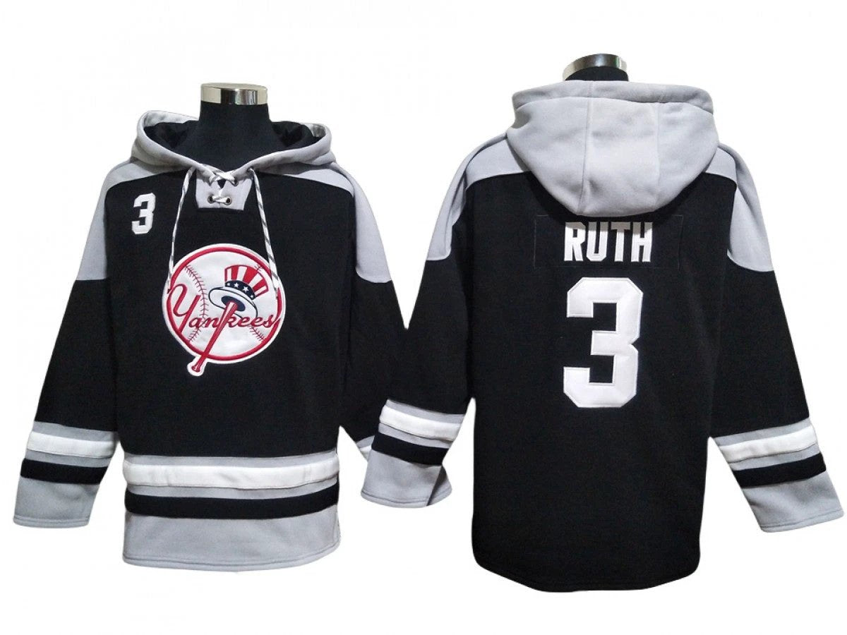 New York Yankees #3 Babe Ruth Black Pullover Hoodie by Hoodie Pullover