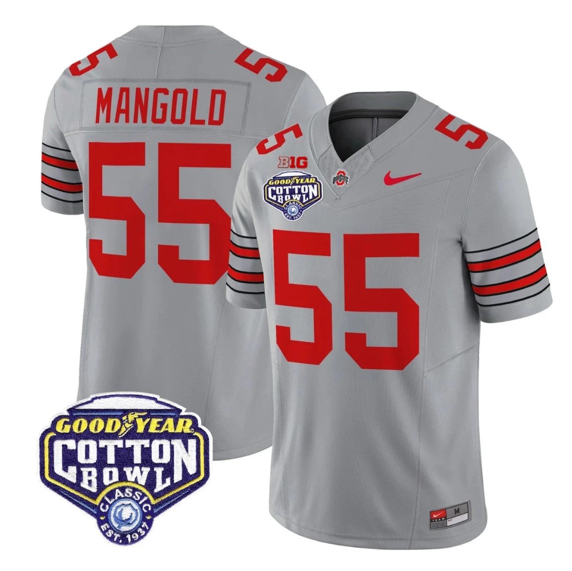 Nick Mangold Jersey #55 Ohio State Heritage Stripe 2025 Cotton Bowl Stitched Gray by NCAA Football Jersey