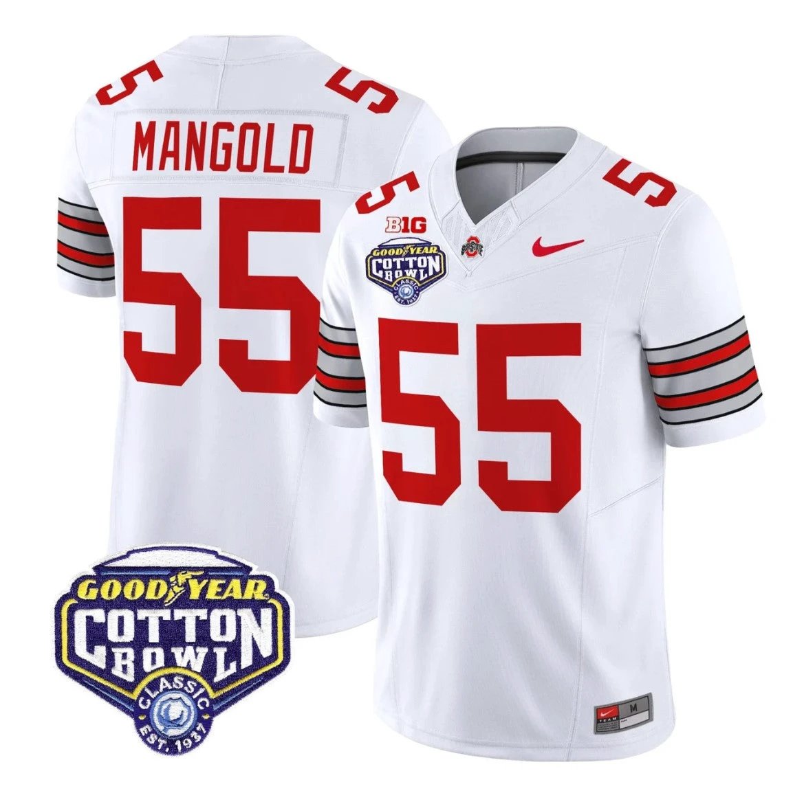 Nick Mangold Jersey #55 Ohio State Heritage Stripe 2025 Cotton Bowl Stitched White by NCAA Football Jersey