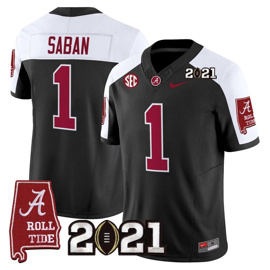Nick Saban Jersey #1 Alabama 2021 CFP Championship Alabama Map Black Alter by My Store NCAA Football Jerseys