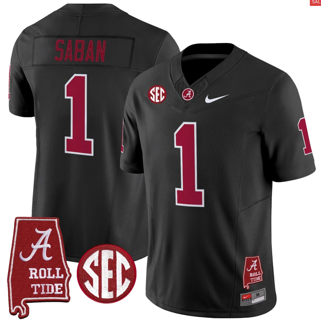Nick Saban Jersey #1 Alabama Crimson Throwback Alabama Map Stitched Black by My Store