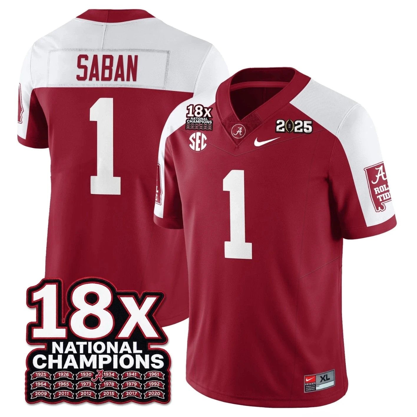 Nick Saban Jersey #1 Alabama Crimson 18x-Time National Champions Stitched by My Store NCAA Football Jerseys