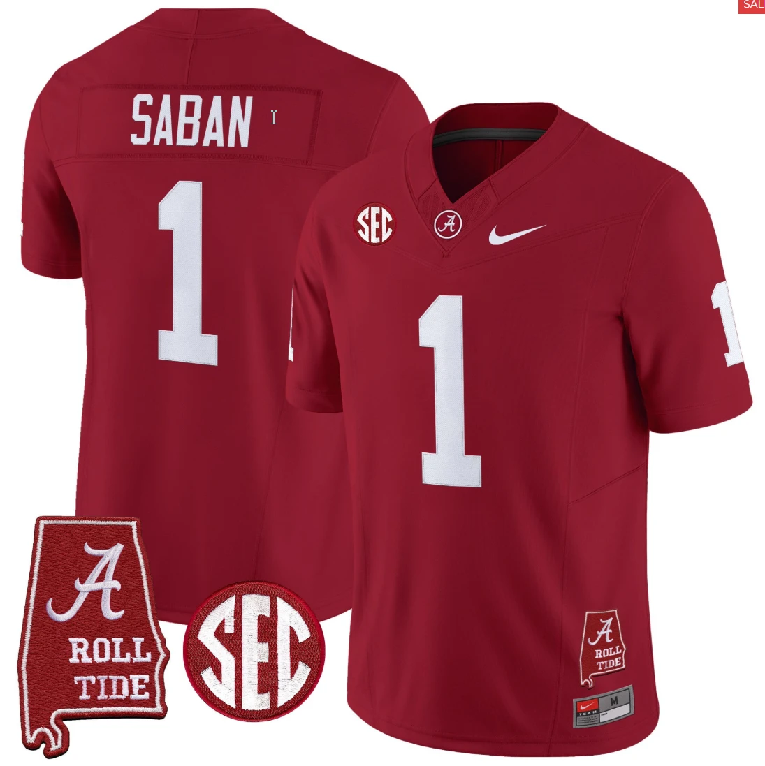 Nick Saban Jersey #1 Alabama Crimson Throwback Alabama Map Stitched by My Store NCAA Football Jerseys