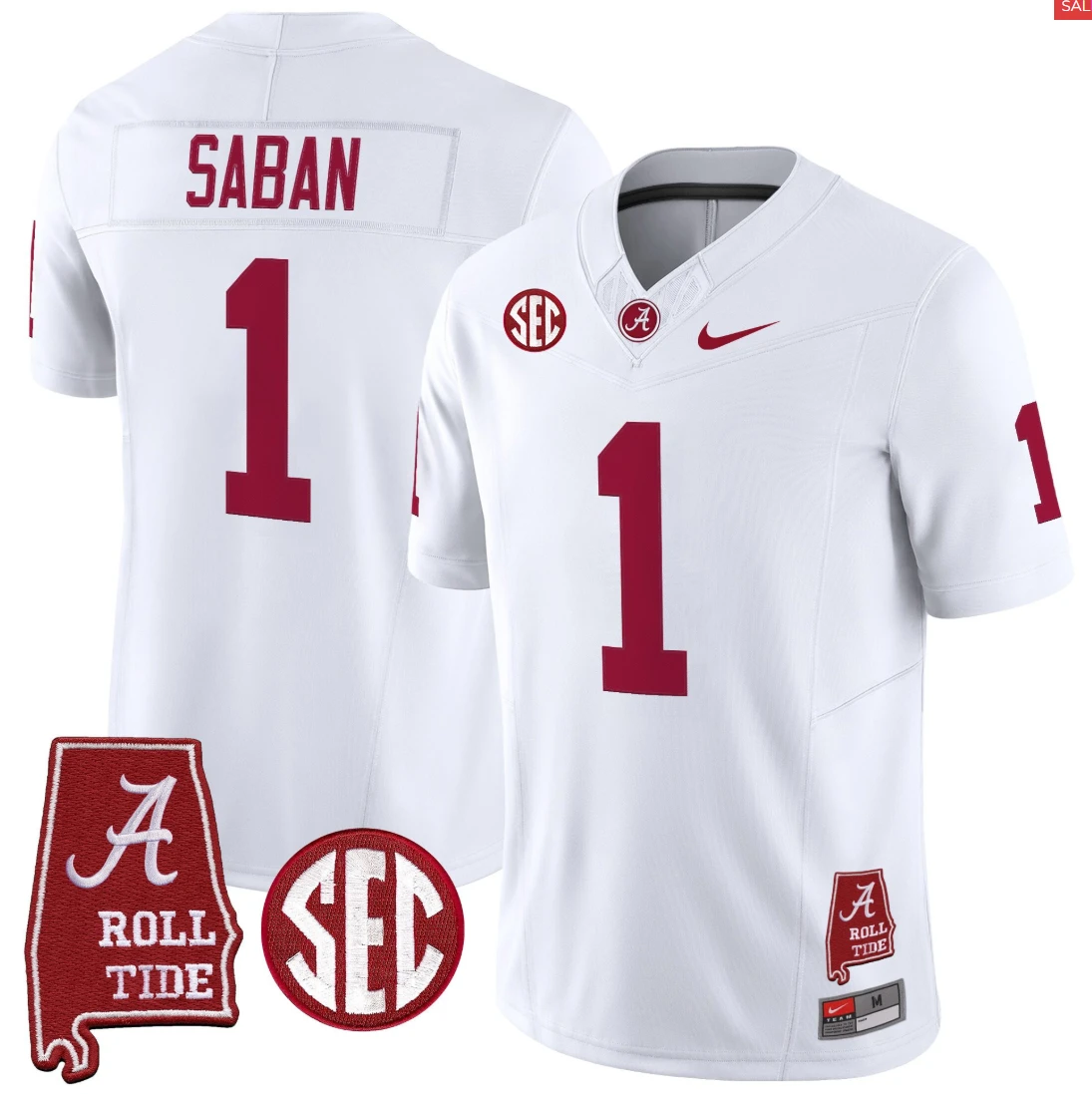 Nick Saban Jersey #1 Alabama Crimson Throwback Alabama Map Stitched by My Store NCAA Football Jerseys