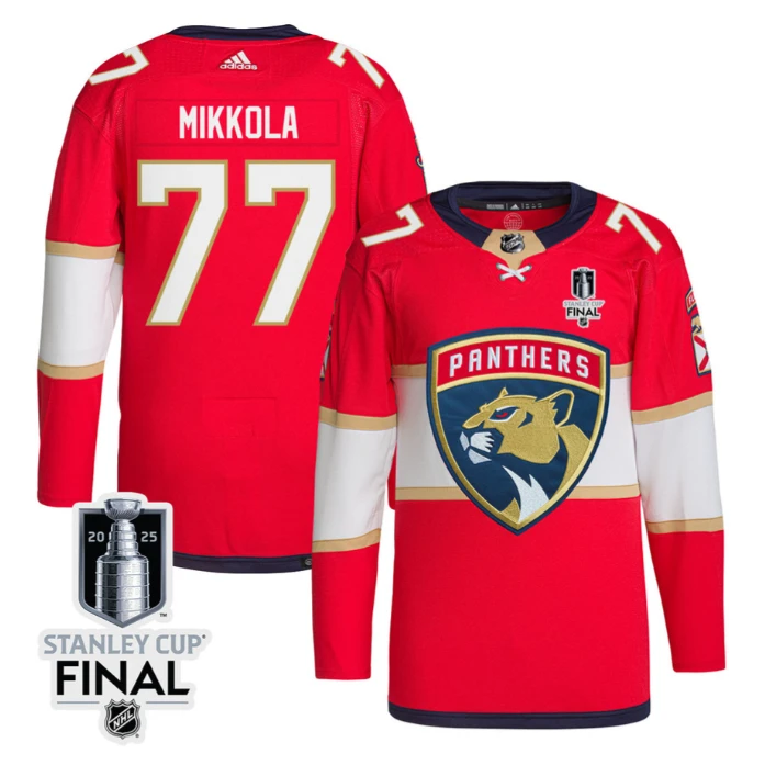 Niko Mikkola 77 Florida Panthers 2025 STANLEY CUP Final Patch Home Men Jersey Red by Hockey David