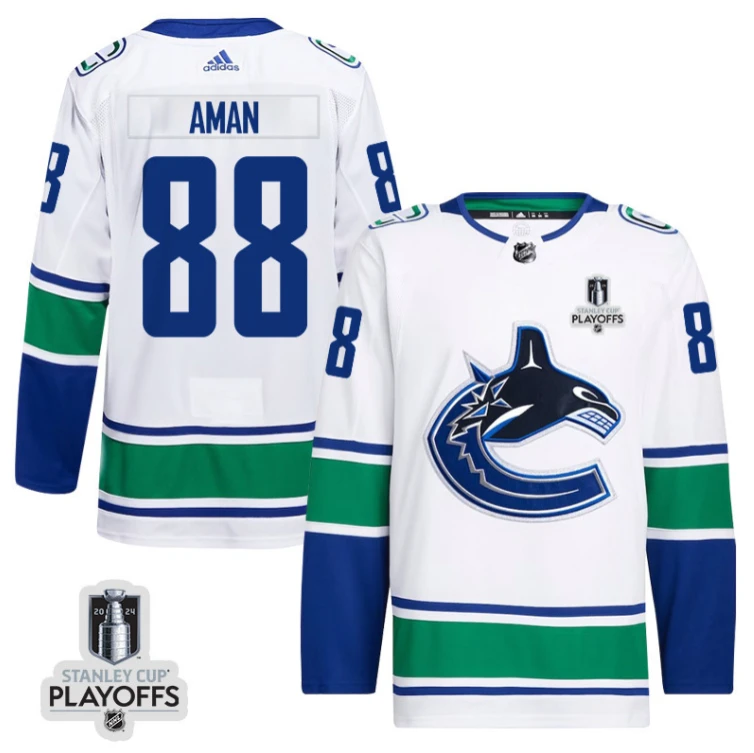 Nils Aman 88 Vancouver Canucks 2024 NHL Playoffs Patch Away Jersey - Men, White by Hockey David