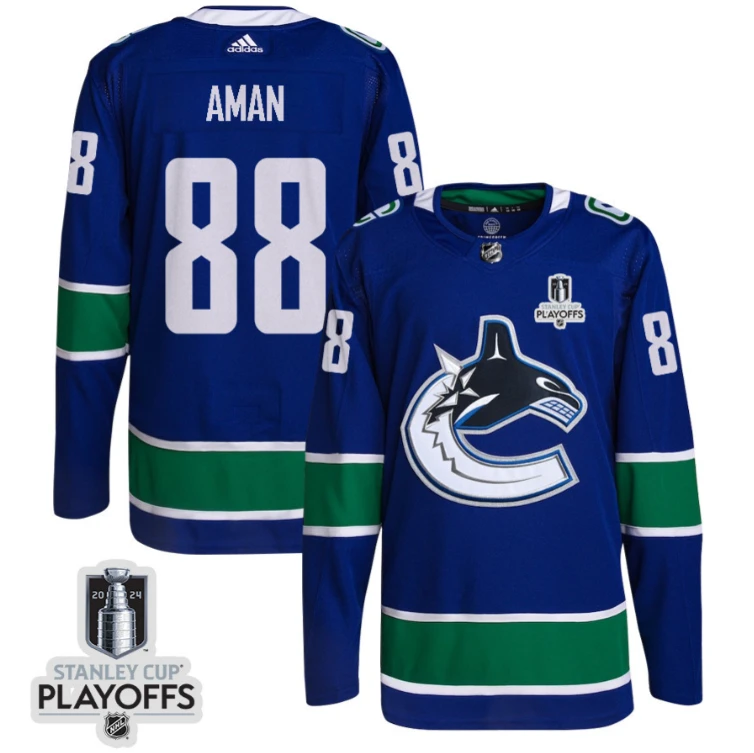 Nils Aman 88 Vancouver Canucks 2024 NHL Playoffs Patch Home Jersey - Men, Blue by Hockey David
