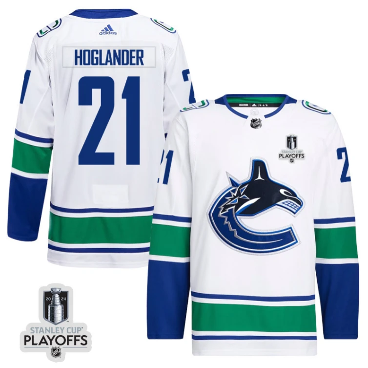 Nils Hoglander 21 Vancouver Canucks 2024 NHL Playoffs Patch Away Jersey - Men, White by Hockey David