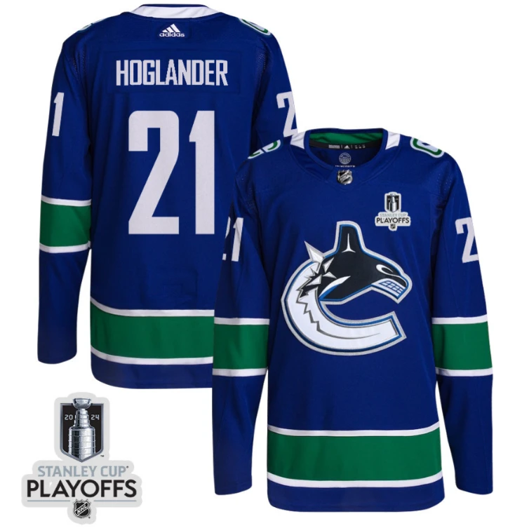 Nils Hoglander 21 Vancouver Canucks 2024 NHL Playoffs Patch Home Jersey - Men, Blue by Hockey David