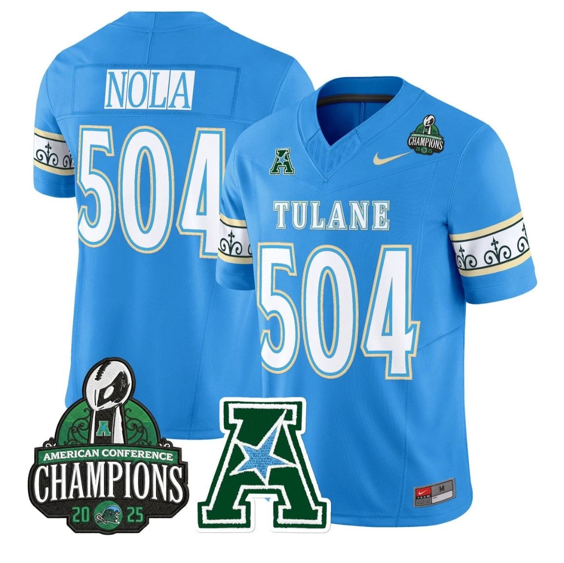 Nola Jersey #504 Tulane Green Wave City Edition 2025 AAC Champions Blue by NCAA Football Jersey