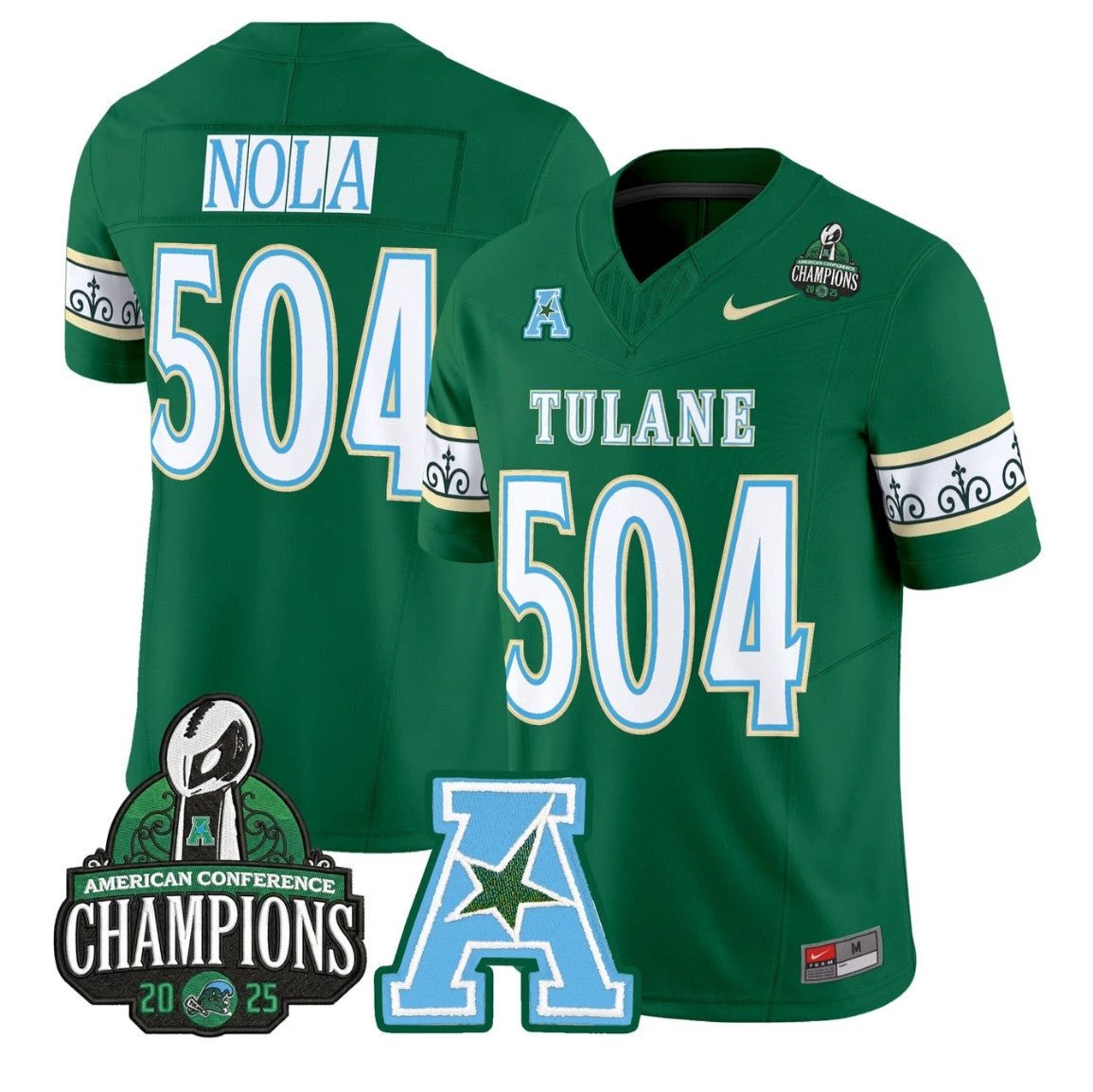 Nola Jersey #504 Tulane Green Wave City Edition 2025 AAC Champions Green by NCAA Football Jersey