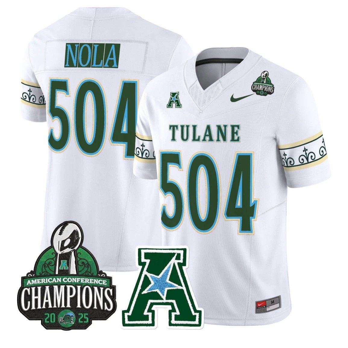 Nola Jersey #504 Tulane Green Wave City Edition 2025 AAC Champions White by NCAA Football Jersey