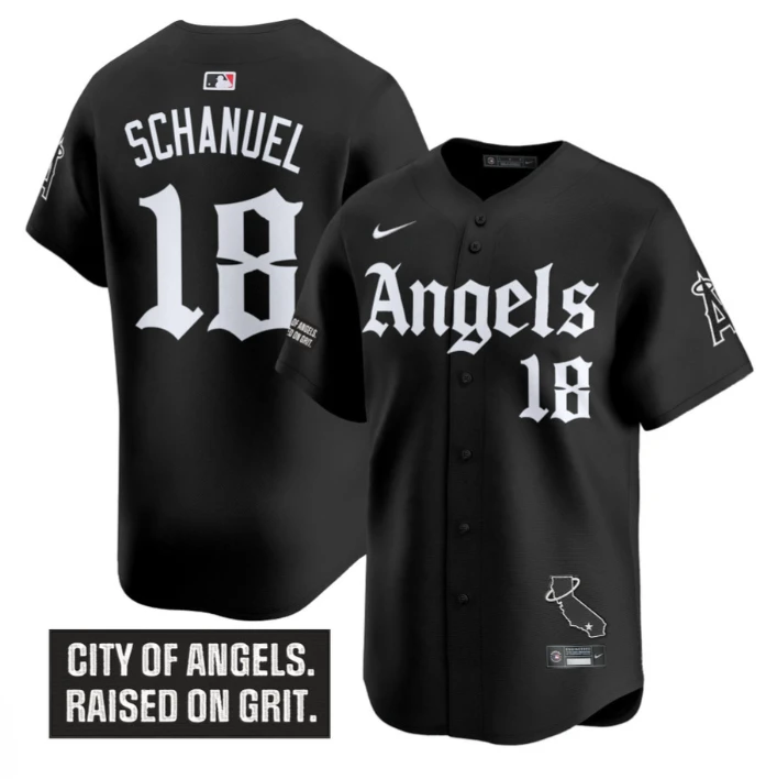 Nolan Schanuel Jersey #18 Los Angeles Angels Gothic Halo Edition Stitched Black by My Store