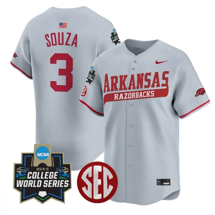 Nolan Souza Jersey #3 Arkansas Razorbacks 2025 World Series Stitched Gray by My Store
