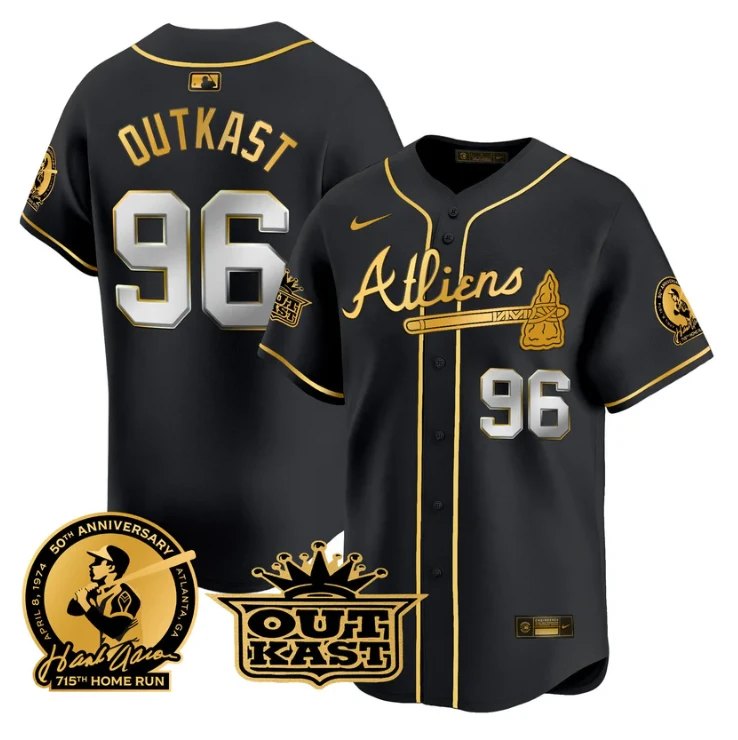 OutKast Jersey #96 Atlanta Braves Atliens Hank Aaron Patch Limited Stitched Black Gold by My Store