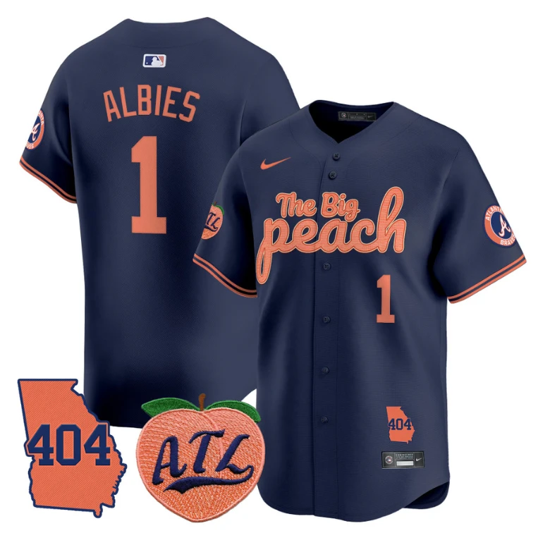 Ozzie Albies Jersey #1 Atlanta Braves 404 & The Big Peach Premier Limited Stitched Navy by My Store