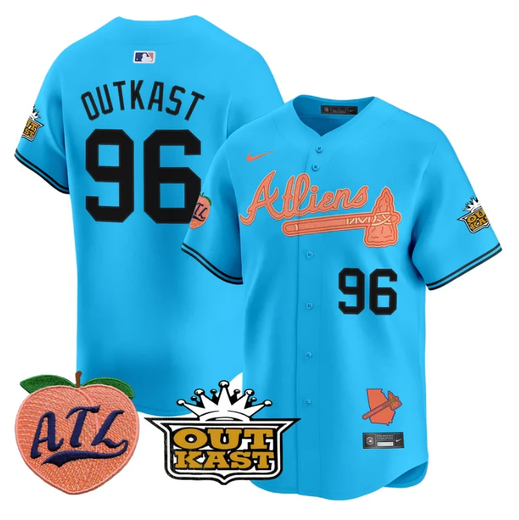 Outkast Jersey #96 Atlanta Braves Atliens Peach Vapor Premier Limited Stitched Light Blue by My Store