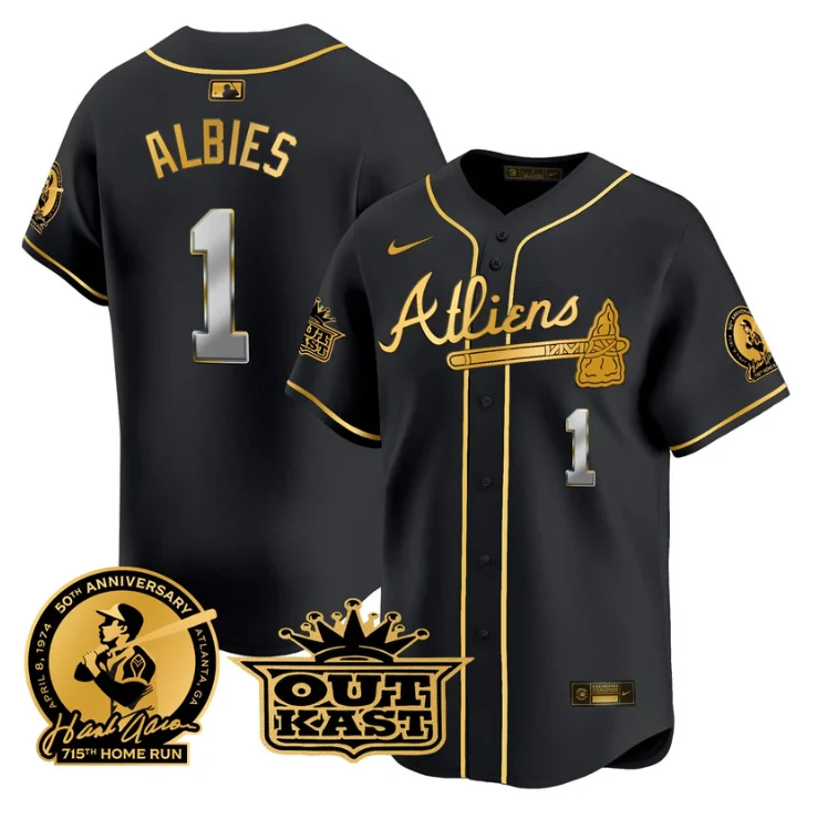Ozzie Albies Jersey #1 Atlanta Braves Atliens Hank Aaron Patch Limited Stitched Black Gold by My Store