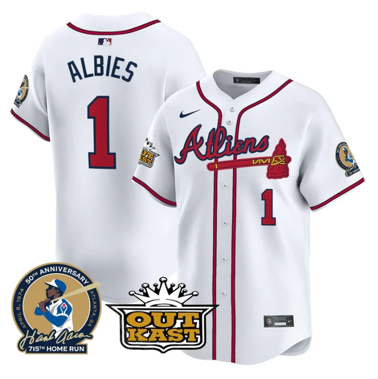 Ozzie Albies Jersey #1 Atlanta Braves Atliens Hank Aaron Patch Limited Stitched by My Store
