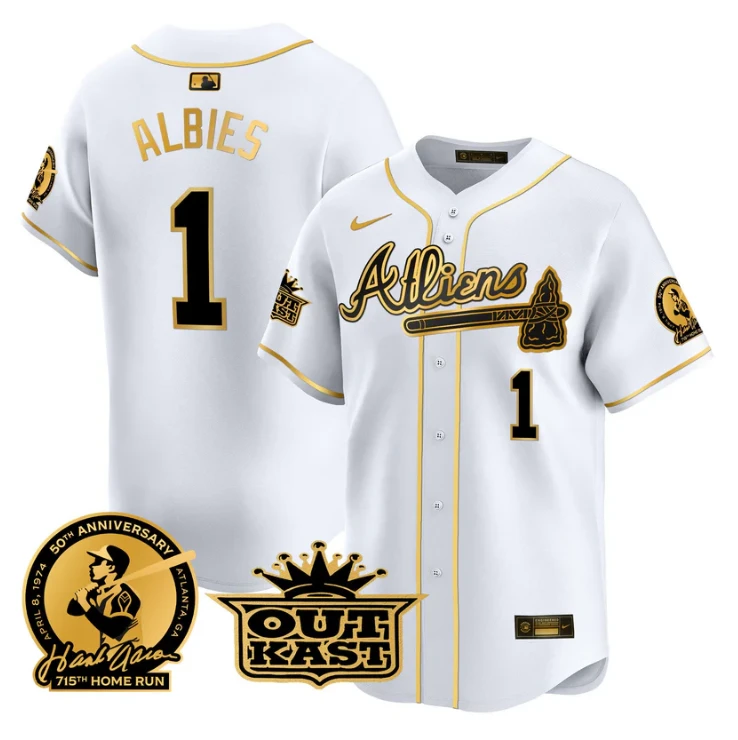 Ozzie Albies Jersey #1 Atlanta Braves Atliens Hank Aaron Patch Limited Stitched White Gold by My Store
